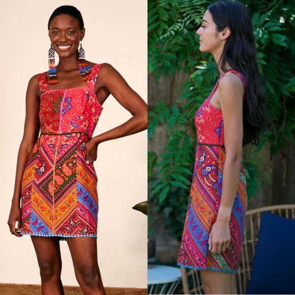 FARM RIO Linen Floral Paisley Patchwork Scarf Print Sleeveless Sheath Dress S - Picture 3 of 8